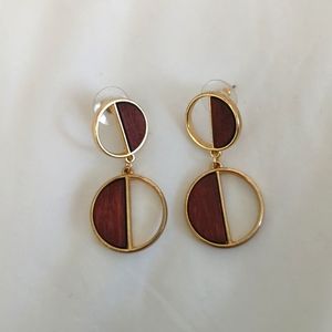 Wood and Gold Tone Earrings